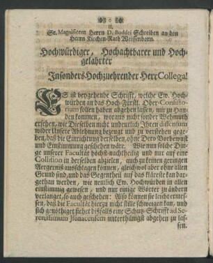 II. Sr. Magnificenz Herrn D. Buddei Schreiben an den Herrn Kirchen-Rath Weissenborn