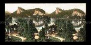 Blick vom Hotel Mallner über den See auf Veldes und Burg