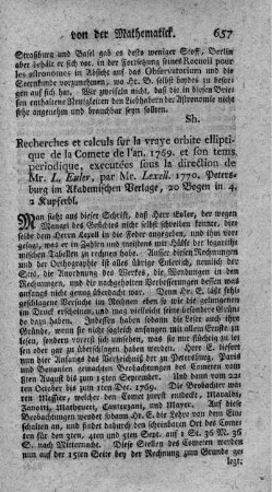 : Recherches et calculs sur la vraye orbite elliptique de la Comète de l'an 1769 et son tems périodique.
