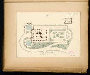 Villa Monatskonkurrenz April 1880: Lageplan, Querschnitt der Grotte; Maßstabsleiste