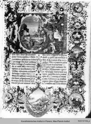 Brevier, mit Kalendarium : Buchseite mit Text, Bordüre sowie historisierte Initiale B(eatus vir), mit Szenen zur Geschichte König Davids