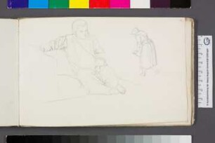 Skizzen zu sitzendem Jungen im langen Hemd und gebeugt gehender Frau