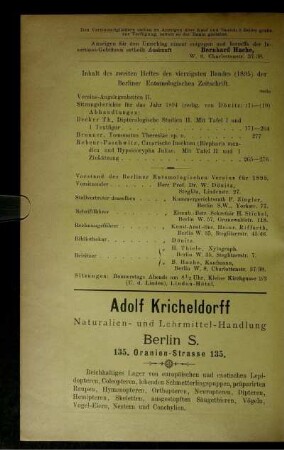 Inhalt des zweiten Heftes des vierzigsten Bandes (1895) der Berliner Entomologischen Zeitschrift.