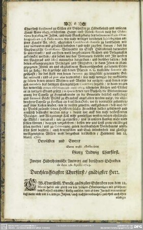 Zweyte Hildesheimische Antwort auf berührtes Schreiben de dato 28. Aprilis 1703