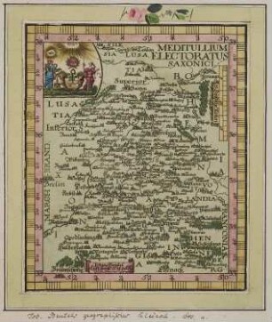 Meditullium Electoratus Saxonici, Sachsen, 1 : 2300000, Kupferstich, 1680 : Beutel, Tobias: Meditullium Electoratus Saxonici [Sachsen] [Maßstab 1 : 2300000], [Dresden 1680], 12,0 x 14,9 cm [Kupferstich]