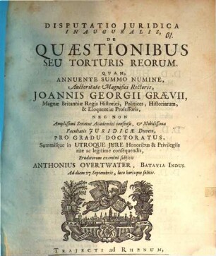Disp. iur. inaug. de quaestionibus seu torturis reorum