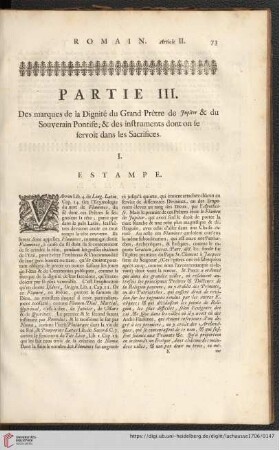 Partie III: Des marques de la Dignité du Grand Prêtre de Jupiter & du Souverain Pontife; [...]