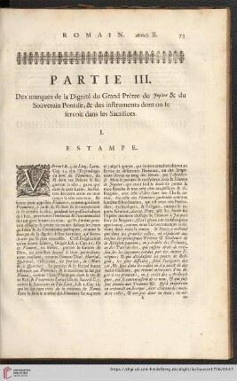 Partie III: Des marques de la Dignité du Grand Prêtre de Jupiter & du Souverain Pontife; [...]