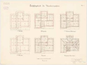 Verwaltungsgebäude der Wasserbauinspektion, Emden: Grundriss 1. und 2. Bankett, Keller, Erdgeschoss, Obergeschoss (Balkenlage), Dachgeschoss (Sparrenlage) 1:100