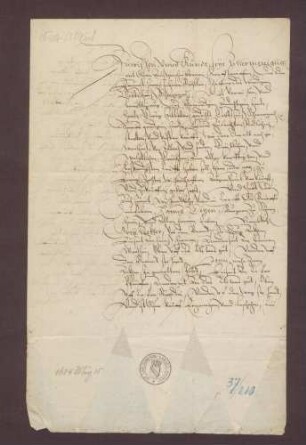 Kaufbrief über 5 Juch Acker bei Scherzheim, welche Johann Beyller zu Schwarzach mit Consens des Klosters an Hans Götz daselbst verkauft hat