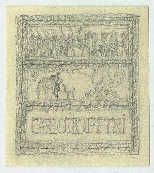 Exlibrisstudie Carl Otto Petri : Exlibris dreifach horizontal unterteilt: Soldatenzug, Reiter mit Hund und Pferd unter einem Baum, Namenszug