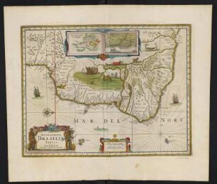 Karte von Brasilien, ca. 1:6 900 000, kolorierter Kupferstich, 1645 : Accuratissima Brasiliae Tabula / Ioannes Ianssonius excudit. - [Ca. 1:6.900.000]. - Amstelodami//Amsterdam : Ioannes Ianssonius, [1645]. - 1 Kt : Kupferst ; 35 x 46 cm. - Maßstab in graph. Form (Miliaria Germanica, Miliaria Gallica communia). - W oben