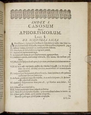 Index I. Canonum Sive Aphorismorum