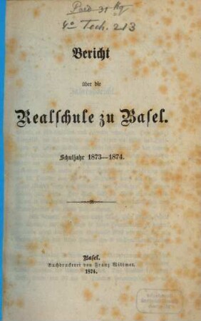 Bericht : über d. Schuljahr .... 1873/74