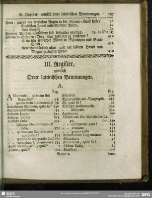 III. Register, nemlich Derer lateinischen Benennungen