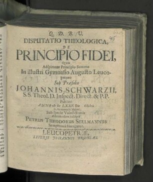 Disputatio Theologica, De Principio Fidei,