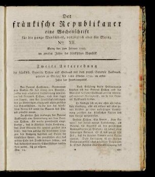 Nro. XII. Mainz den 8ten Februar 1793. im zweiten Jahre der fränkischen Republik.