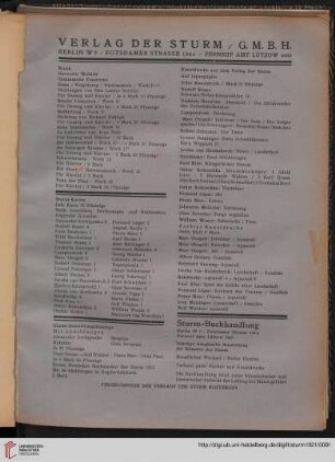Verlag Der Sturm / Musik / Sturm-Karten / Sturm-Ausstellungskataloge / Farbige Kunstdrucke / Sturm-Buchhandlung