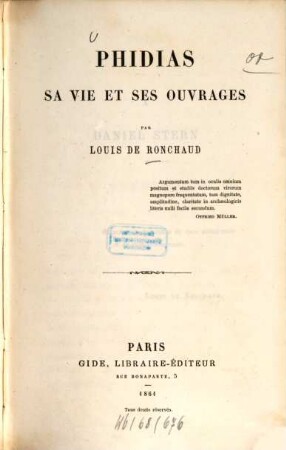 Phidias : Sa vie et ses ouvrages