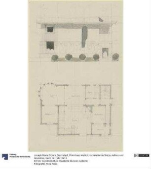 Darmstadt, Wohnhaus Habich, vorbereitende Skizze, Aufriss und Grundriss