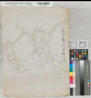 Mark (Grafschaft) Handrisse (Mensalblätter) zur Karte der Grafschaft Mark von Eversmann westlicher Teil der Gemeinde Halver um 1795 o.M. 52 x 38 Zeichnung Bem.: Rückseite: Grundriß der Zechen St. Peter und St. Paul 1793; 40 Lachter = 9,5 cm; Krüner KSA Nr. 679e