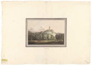 Ansicht der Tautenburg bei Dornburg, Handzeichnung, um 1800 : [Ansicht der Tautenburg bei Dornburg]. - [S.l.] , [um 1800]. - 1 Kunstbl. : kolor. Handzeichng. ; 31 x 21 cm