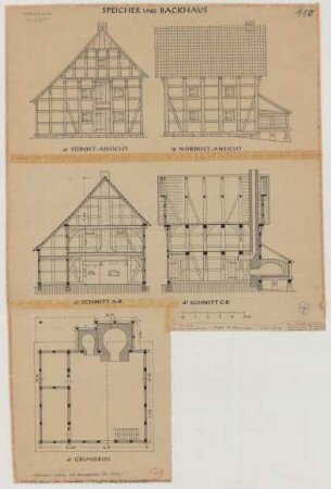 Ringel bei Ladbergen (Kreis Tecklenburg): Hof Erpenbeck. Speicher und Backhaus (Grundriss, Ansichten, Schnitte)