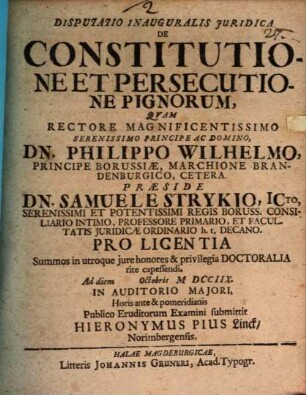 Disputatio Inauguralis Juridica De Constitutione Et Persecutione Pignorum