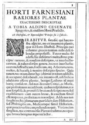 Horti Farnesiani Rariores Plantae Exactissime Descriptae A Tobia Aldino Cesenate Spagyrico, & eiusdem Horti Praefecto.