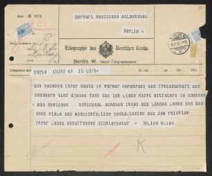 Brief von Julius Elias an Gerhart Hauptmann
