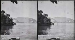Blick aus dem Garten des Grand Hotel Pallanza (heute Grand Hotel Majestic) auf den Lago Maggiore in Richtung Baveno
