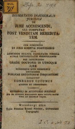 Diss. iur. de iure accrescendi cui competat post venditam hereditatem