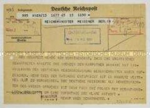 Telegramm des karpatoukrainischen Ministers Revay an Otto Meissner mit seiner Kritik an der deutschen Regierung bezüglich der Billigung der Besetzung der Karpatoukraine durch Ungarn