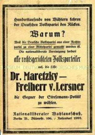 Wahlflugblatt mit Polemik gegen die Deutsche Volkspartei und die Politik von Stresemann