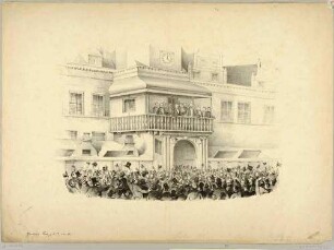 Der Politiker, Verleger und Revolutionär Robert Blum (1807-1848) auf dem Balkon des alten Rathauses am Markt in Leipzig am 03. März 1848 vor einer Menschenmenge