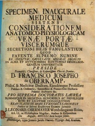 Specimen Inaugurale Medicum Sistens Considerationem Anatomico-Physiologicam Venae Portae Viscerumque Secretioni Bilis Famulantium