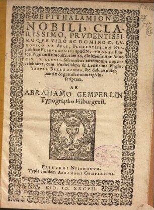 Epithalamion Lud. ab Afry ... Friburg. praetori