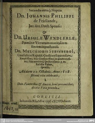 Secundis utrinque nuptiis Johann Philippi Fridlandt et Ursulae Wendleriae ... vota secunda