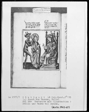 Jacob von Teramo, Belial und Johannes von Mandeville, Reise nach Jerusalem — Jacob von Teramo, Belial — Moses und Belial vor Salomon, Folio 56recto
