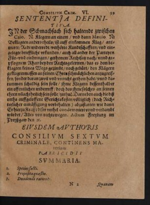 Eiusdem Authoris Consilium Sextum Criminale, Continens Materiam Parricidii.