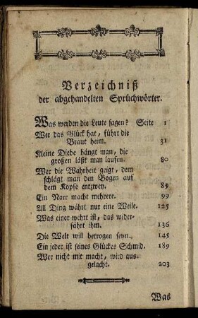 Verzeichniß der abgehandelten Sprüchwörter.