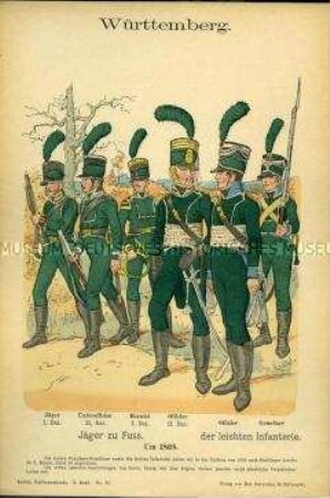 Uniformdarstellung, Jäger, Unteroffizier, Hornist und Offizier des Jäger-Bataillons zu Fuß, Offizier und Gemeiner der Leichten Infanterie, Königreich Württemberg, um 1808.