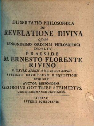 Dissertatio philosophica De revelatione divina