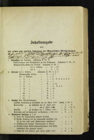 Inhaltsangabe über den ersten und zweiten Jahrgang der Monatlichen Mittheilungen