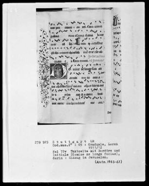 Graduale (Benediktinerhandschrift) — Initiale D(omine ne longe facias), darin Einzug nach Jerusalem, und Teilbordüre, Folio 72verso