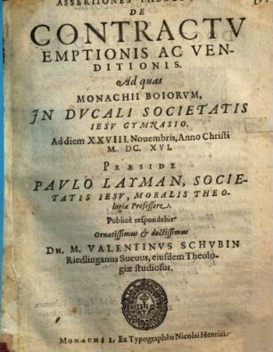 Assertiones Theologicae De Contractv Emptionis Ac Venditionis