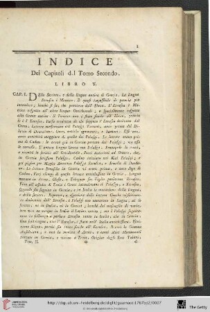 Indice Dei Capitoli del Tomo Secondo
