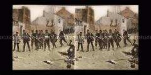 Reproduktion eines Gemäldes: Avanzieren französischer Infantrie in der Vorstadt von Orleans