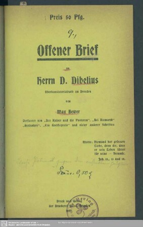 Offener Brief an Herrn D. Dibelius, Oberkonsistorialrath zu Dresden