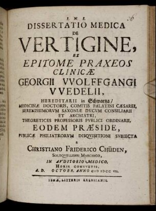 Dissertatio Medica De Vertigine : Ex Epitome Praxeos Clinicæ